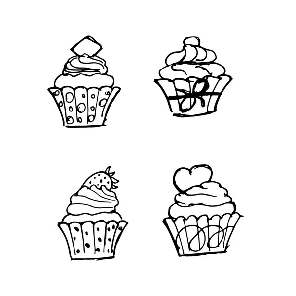 Handgezeichnete Doodle Muffins Set. Perfekt für Einladung, Grußkarte — Stockvektor