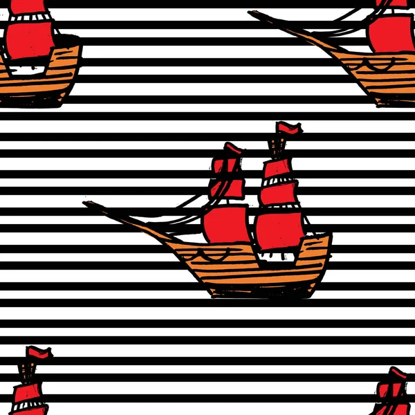 Patrón con barcos con velas ROJAS en línea negra — Vector de stock