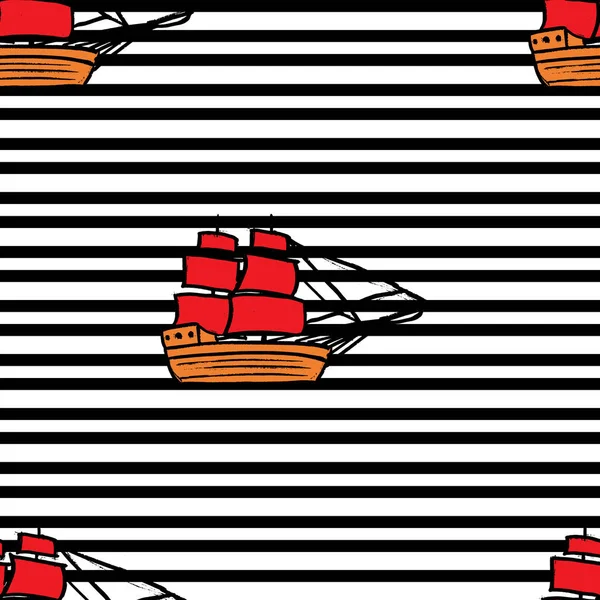 Padrão com navios com velas vermelhas na linha preta —  Vetores de Stock