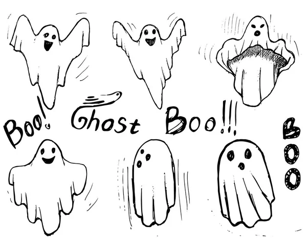 Whisper host hand draw set. Ghost character Costume evil — Stock Vector