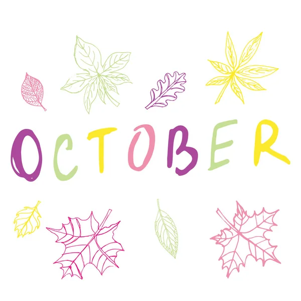 Oktober prasasti Halloween dengan set Dedaunan Doodle - Stok Vektor