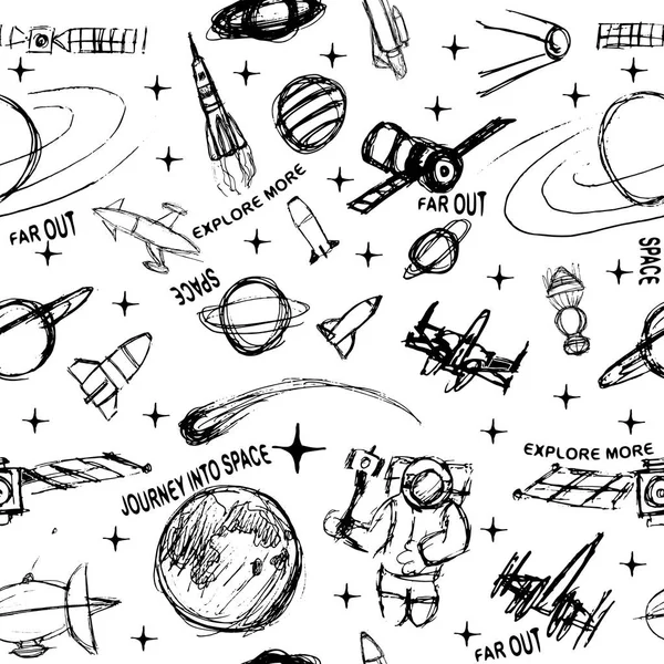 Ilustración de garabatos espaciales. Ilustración vectorial. patrón con cohetes espaciales de dibujos animados — Archivo Imágenes Vectoriales