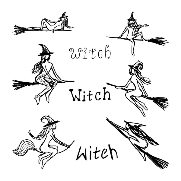 Black silhouettes with witches. set of attributes — Stock Vector