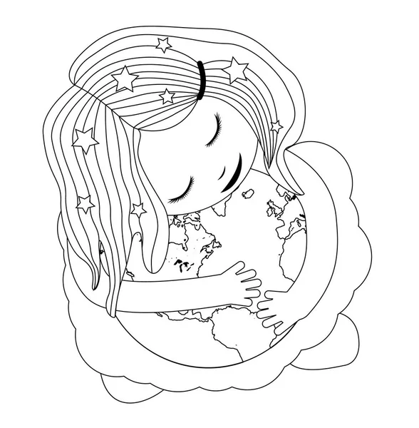 귀여운 소녀는 지구를 껴안고. 지구를 돌보는 개념. — 스톡 벡터