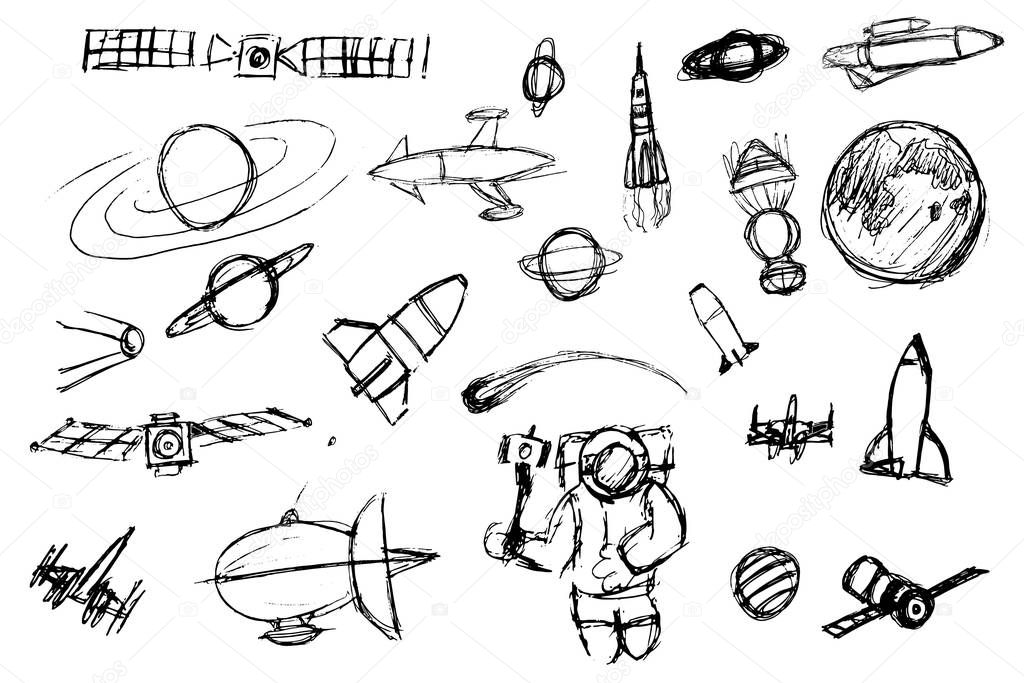 Hand drawn space elements. Space doodle illustration.