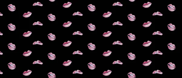 Padrão dos lábios. padrão sem costura com a mulher s rosa beijando lábios planos — Vetor de Stock