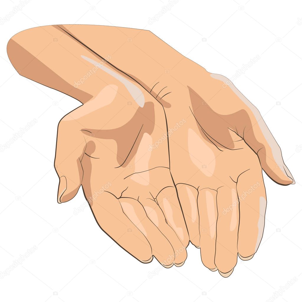 Character pair of hands with exposed palm, request or donation.