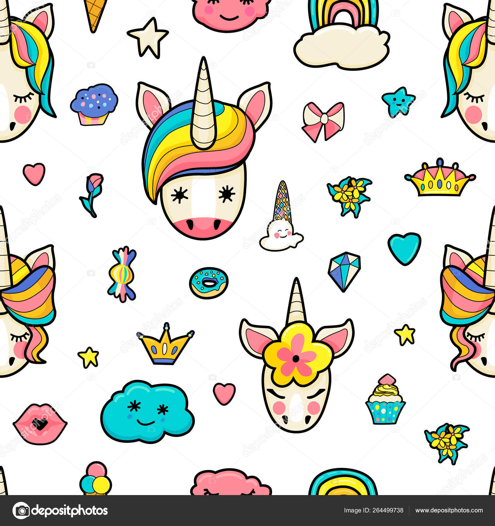 Padrão com rostos bonitos de unicórnios, sorvete, estrelas, corações,  rosquinha, arco-íris, coroas, cupcake . Vetor de ©mainfu 264499738, image size:1600x1700