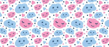 mavi ve pembe bulutlar, kalpler ile desen.