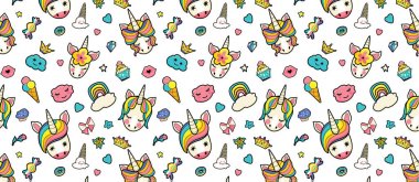 Tek boynuzlu atlar, dondurma, yıldızlar, kalpler, donut, gökkuşağı, taçlar, cupcake sevimli yüzleri ile Desen.