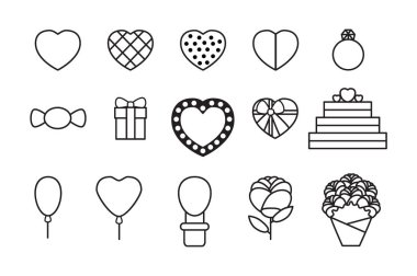 simge kalpler, şeker, çiçek, hediye kutusu ve ballons ile ayarlayın.