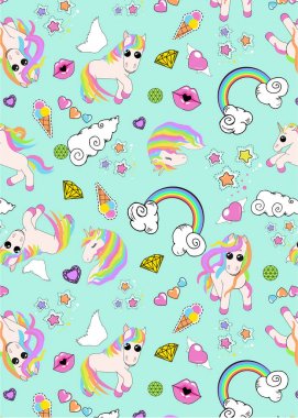 tek boynuzlu atlar, gökkuşağı, bulutlar, kanatları ile kalp, dudaklar, yıldızlar ile desen