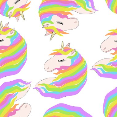 Tek boynuzlu atların sevimli yüzleri ile Desen. Rüyada tek boynuzlu atlar