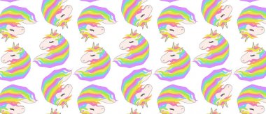 Tek boynuzlu atların sevimli yüzleri ile Desen. Rüyada tek boynuzlu atlar