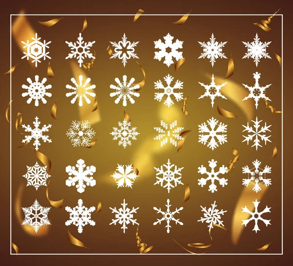 Establecer snowlakes y confeti dorado y copos de nieve sobre un fondo de gradiente amarillo — Archivo Imágenes Vectoriales