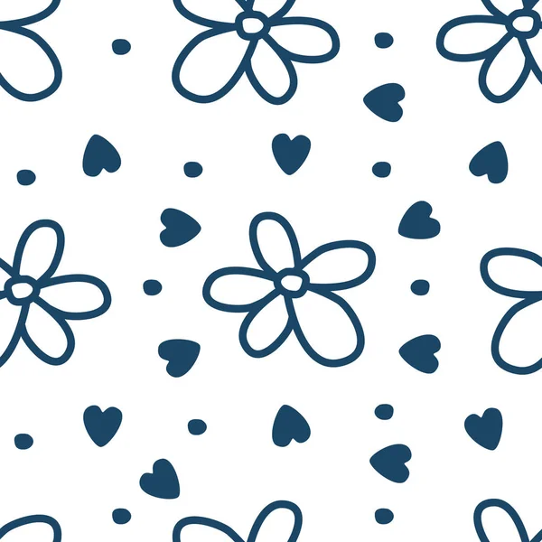 Wzór z kwiatami i sercami. niebieska linia — Wektor stockowy
