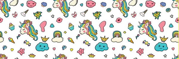 Patrón con caras lindas de unicornios, helados, estrellas, corazones, donas, arco iris, coronas, magdalenas . — Vector de stock