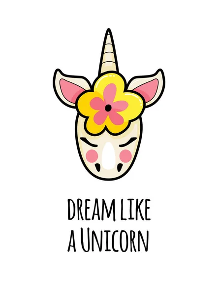 Unicorn wajah dengan kutipan. potret vektor dari gadis unicorn lucu dengan teks . - Stok Vektor