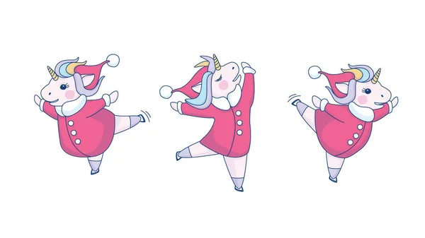 Набор с милыми коньками единорога с пальто Санта-Клауса — стоковый вектор