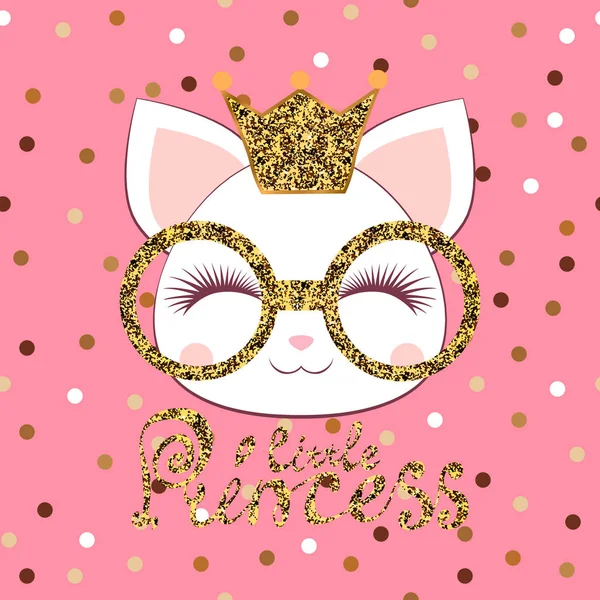 Милый кот с золотыми блестками очки и корона. Шаблон с золотыми блестками на розовом фоне . — стоковый вектор
