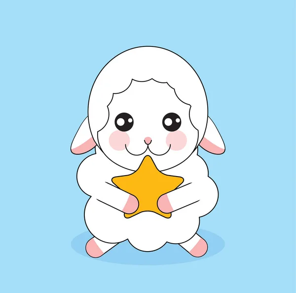 Cute Cartoon owiec z złotą gwiazdą na niebiesko — Wektor stockowy