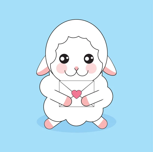 Carino cartone animato pecore con posta d'amore su blu — Vettoriale Stock