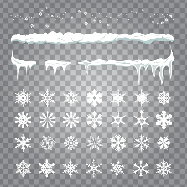 Set de snowlakes y set de dibujo de nieve, carámbanos colgantes — Vector de stock