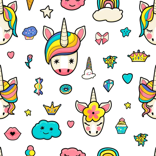 Patrón con caras lindas de unicornios, helados, estrellas, corazones, donas, arco iris, coronas, magdalenas . — Archivo Imágenes Vectoriales