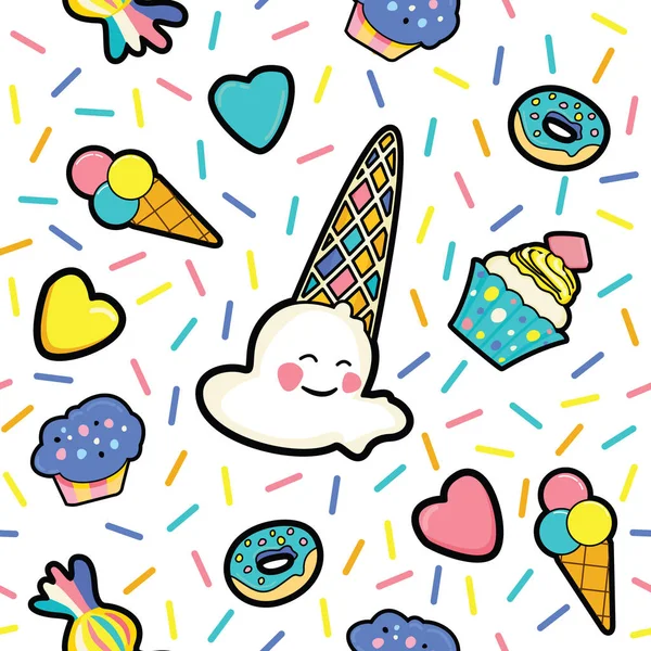 귀여운 아이스크림, 하트, 도넛, 컵 케이크 패턴 — 스톡 벡터