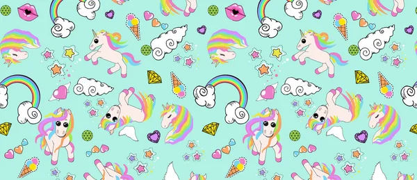 Patrón con unicornios, arco iris, nubes, corazón con alas, labios, estrellas — Vector de stock