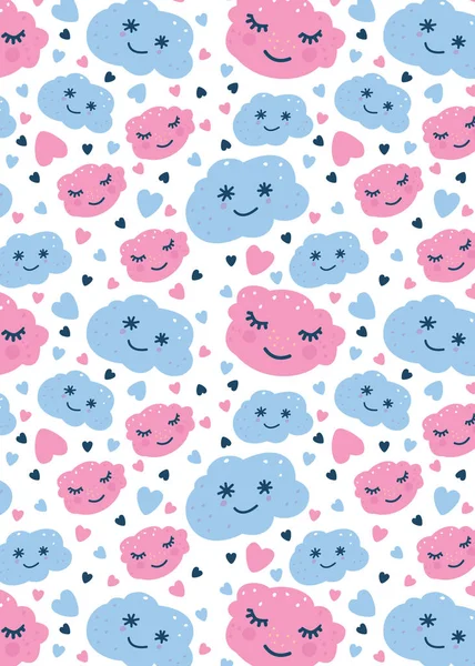 Pattern with blue and pink clouds, hearts. Clouds with face — Stock Vector