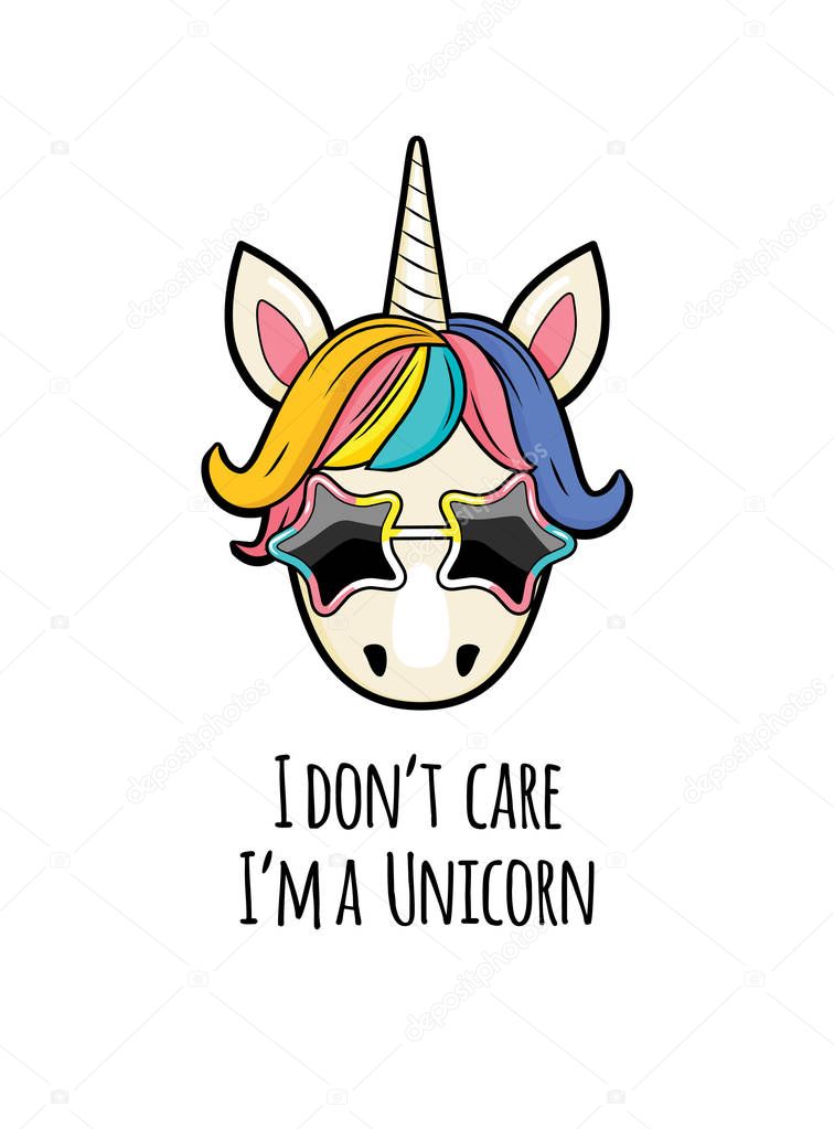 unicorn face with quotes. portrait of a funny unicorn girl with text. banner with cute unicorn.