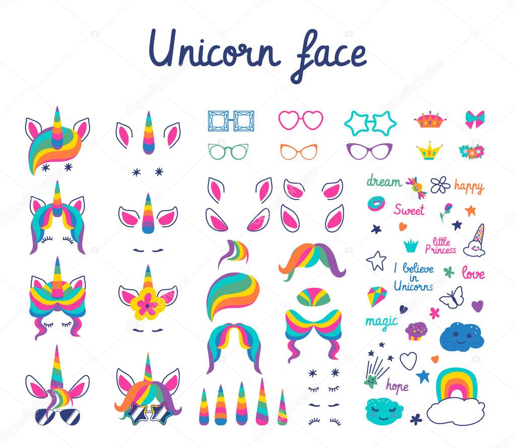 set with masks for photos. Cute unicorn face, glasses with different rims, hair, ears, horns, eyes, decorative elements and inscriptions.