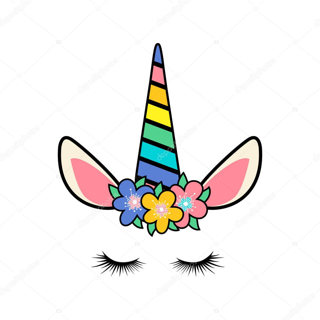 Happy unicorn face with flowers