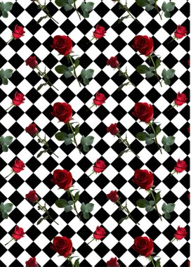 Yeşil yaprakları ve siyah bir arka plan üzerinde uzun bir kök ile kırmızı güller ile bir desen