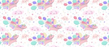 uçan tek boynuzlu at ile desen ağzında renkli topları tutar.