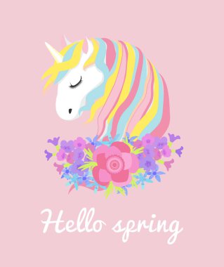 tek boynuzlu at ve çiçekler ile merhaba bahar yazıt