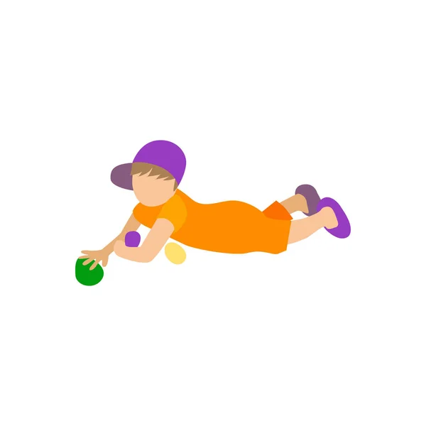 Chlapec v čepici leží na zemi a jednou rukou si prohrabuje velikonoční vajíčka a s jinou rukou se — Stockový vektor