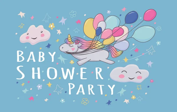 Uroczy Jednorożec z balonami powietrza i chmur dla Baby Shower zaproszenie. Karta Doodle. Fantazja kolorowa karta. — Wektor stockowy