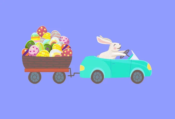 Happy bunny is driving the blue car and drag the egg basket with multicolor eggs — Stock Vector