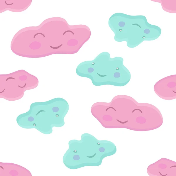 Patrón con lindos personajes de nubes rosa y azul — Vector de stock