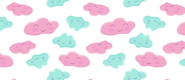 Patrón con lindos personajes de nubes rosa y azul — Vector de stock