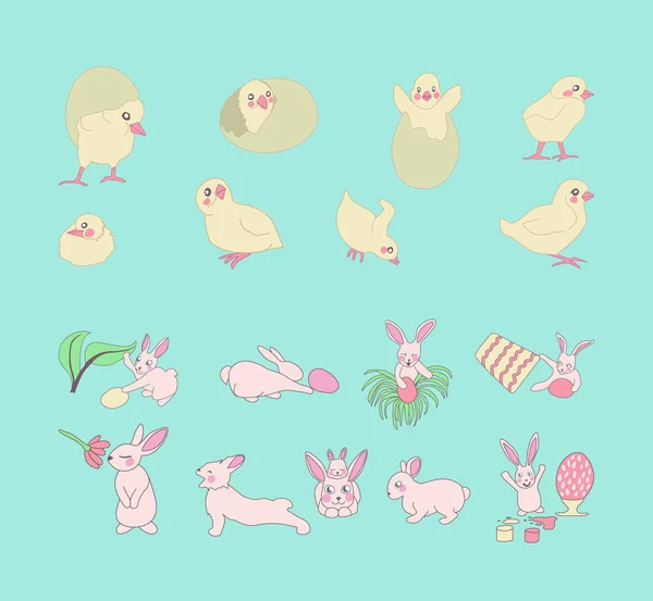 Set di simpatici polli e coniglietti, uova di Pasqua, fiori, foglie, secchio. conigli nascondono uova . — Vettoriale Stock