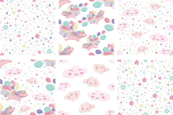 Conjunto patrón con unicornio volador sostiene bolas de colores en su boca. lindos personajes de nube — Vector de stock