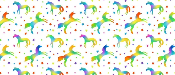 Motivo con sagome unicorno con riempimento arcobaleno e stelle multicolori — Vettoriale Stock