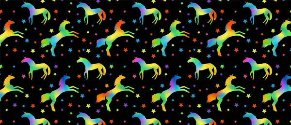 Motivo con sagome unicorno con riempimento arcobaleno e stelle multicolori — Vettoriale Stock