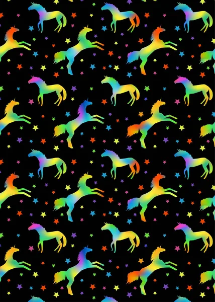 Patrón con siluetas unicornio con relleno de arco iris y estrellas multicolores — Vector de stock