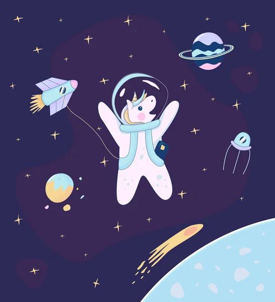 Astronauta unicornio en el espacio con un planeta con un anillo de rayas multicolores, un cohete y estrellas . — Archivo Imágenes Vectoriales