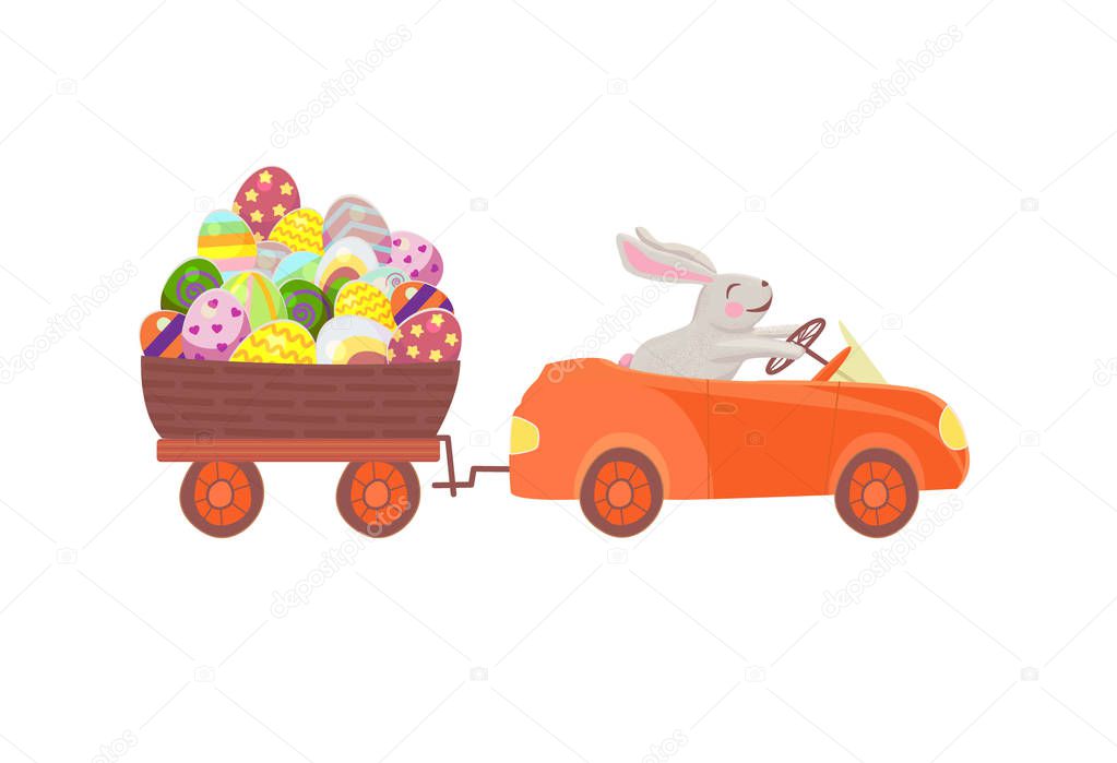 funny bunny driving a red car carries a big basket with Easter eggs on a trailer.