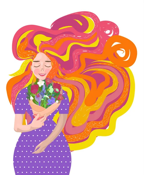 Vacker flicka med en bukett blommor. — Stock vektor